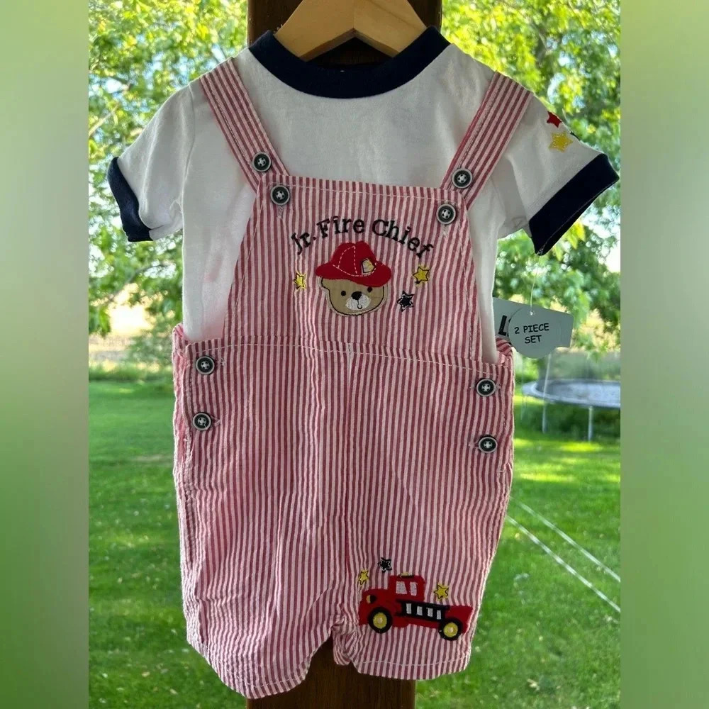 Red Seersucker Fireman Overalls (Nwt) Size 9 Months